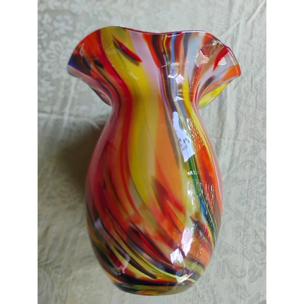 Krosno Jozefina Art Glass Red Orange Multicolor Hand Blown Vase Poland